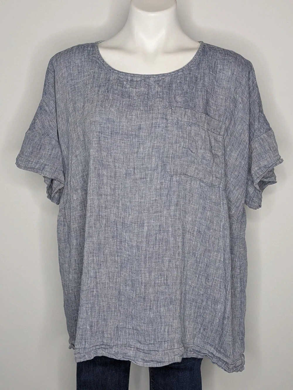 Lands End Blue 100% Linen Oversized Short Sleeve T-shirt Blouse 1X - Picture 1 of 6
